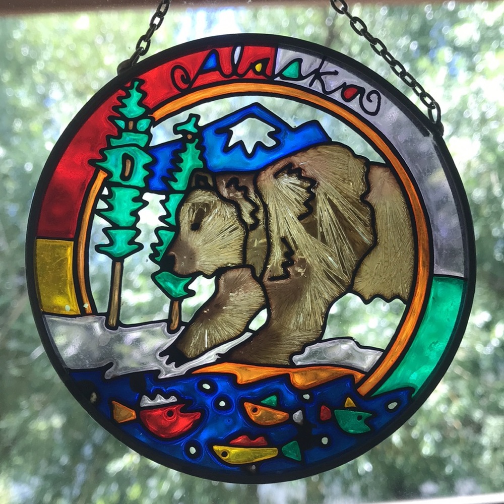 Alaska Bear Fish Vibrant Stained Glass Art Vintage
